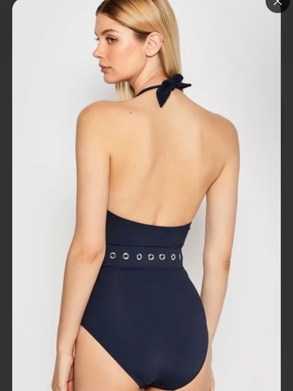 Michael Kors Navy Halter One-Piece with Grommet Belt - Picture 2 of 7